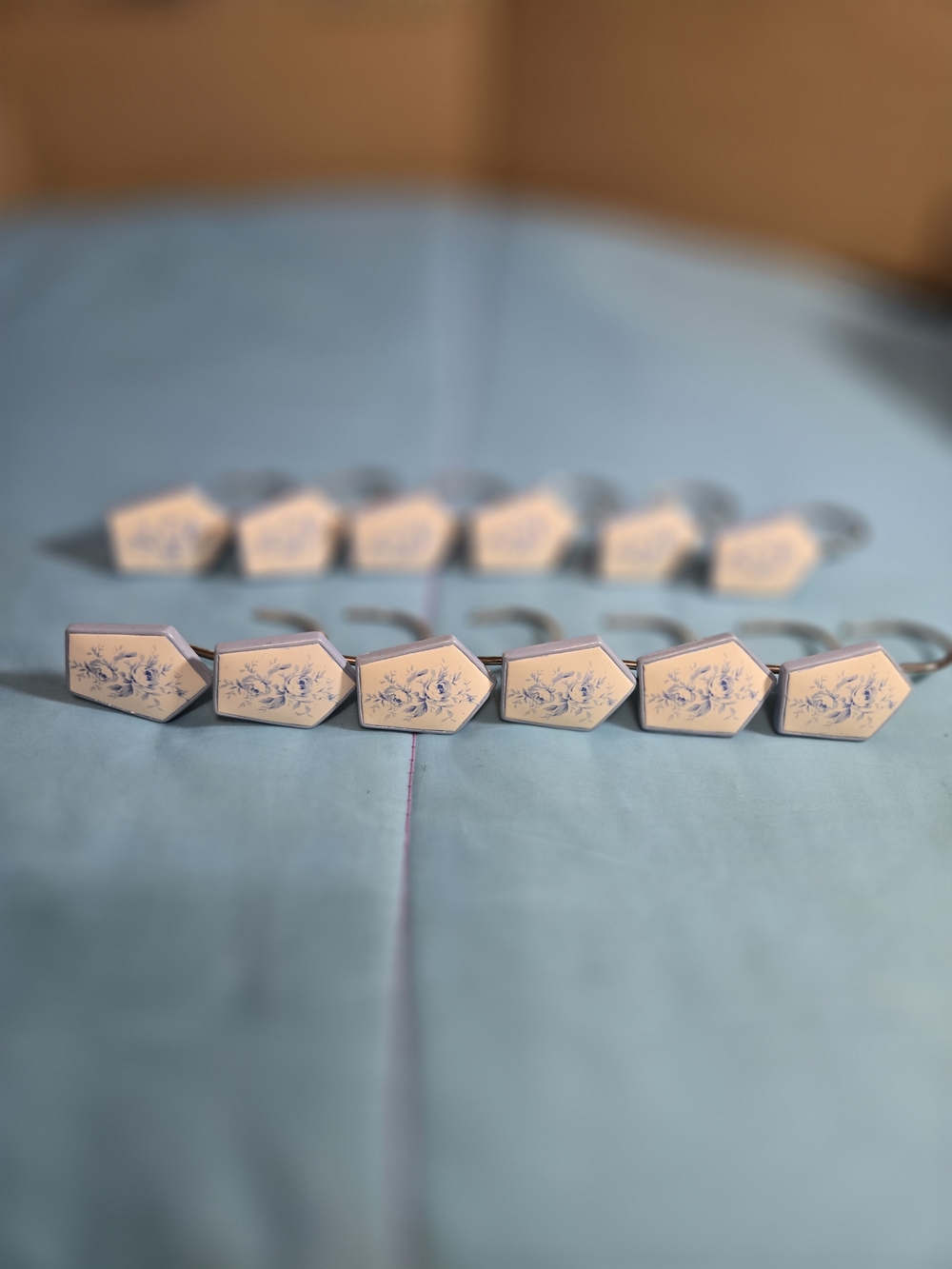 Set Of 12 Old Fashioned Granny Core Shower Hooks With Beautiful Blue Flowers